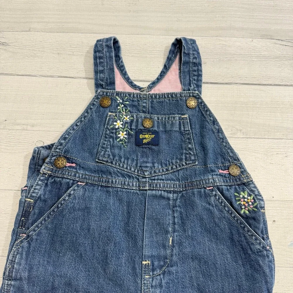 OshKosh B'Gosh girls denim pink lined overalls floral embroidery size‎ 12 months